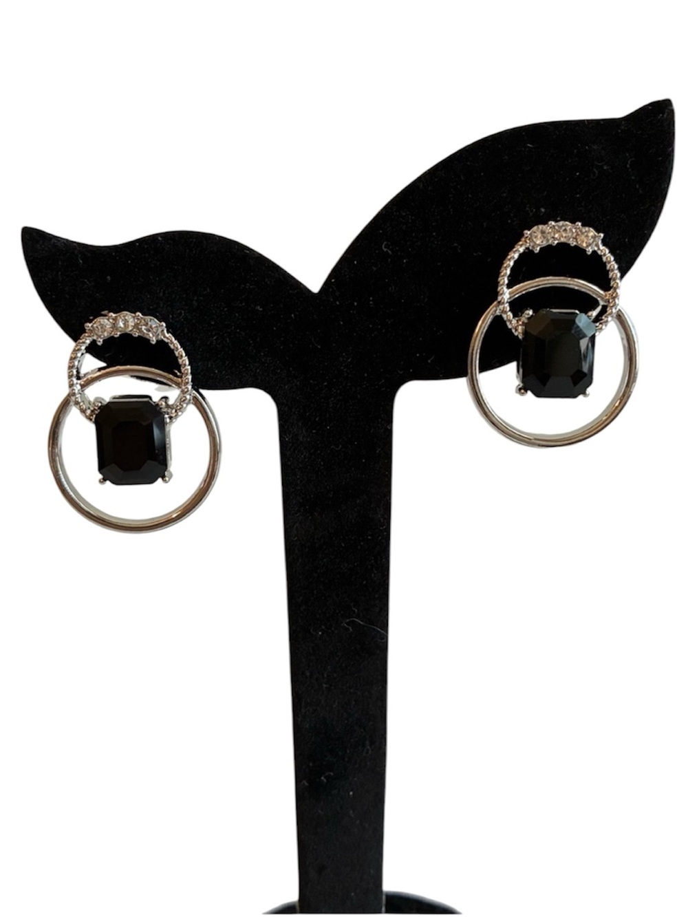Vintage Retro Silver-tone Black Stone Double Hoop Earrings